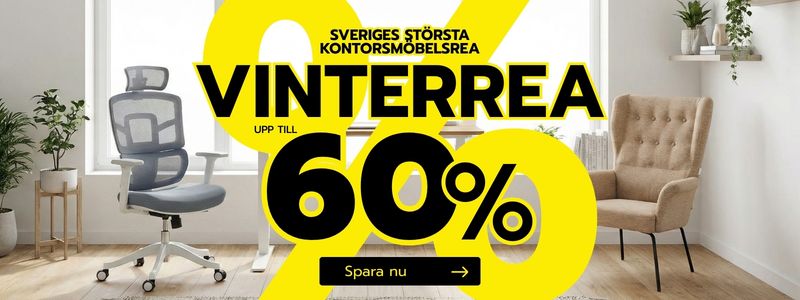 Vinterrea med stort gult procenttecken. I bakgrunden syns en kontorsstol och en fåtölj.